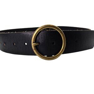 Minimalist Small Wide Black Genuine Leather Belt Brass Buckle Retro Boho